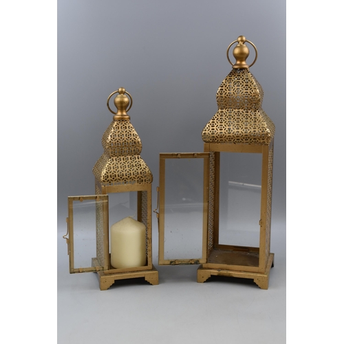 315 - A Pair of Brass Effect Candle Holders With Glass Doors, Tallest Approx 18.5