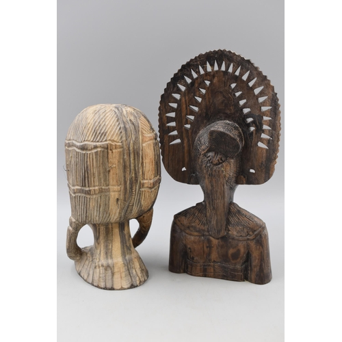 320 - Two Hand Carved Wooden Female Busts. Includes African Style Bust and Other. Tallest Approx 11