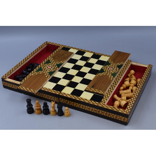 325 - A Selection of Wooden Board Games, Includes Inlaid Wooden Chess Set, Tablut, Jenga and Poker Dice.