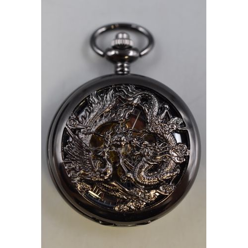 133 - Brand New Skeleton Pocket Watch with Chain and Chinese Dragon Decoration in Gift Box working