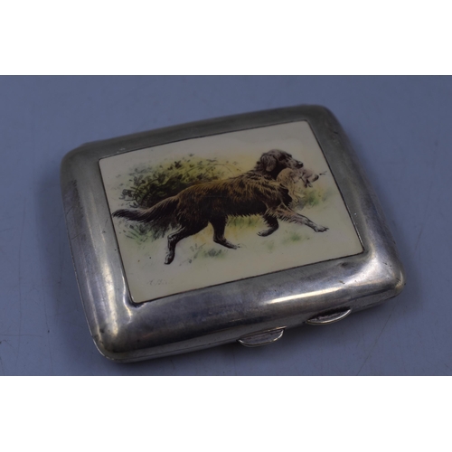 173 - Vintage Silver Plated Cigarette Case with Hunting Dog Picture