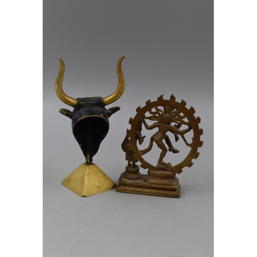 176 - Two Brass Figures. Includes Hindu Goddess Kali and Bull's Head. Tallest Approx 6