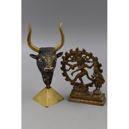 176 - Two Brass Figures. Includes Hindu Goddess Kali and Bull's Head. Tallest Approx 6