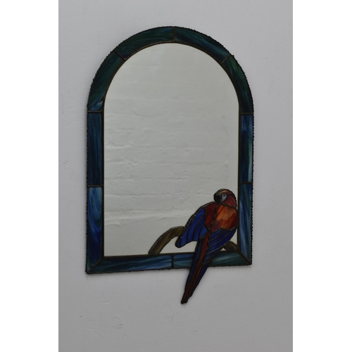 405 - Hand Made leaded Glass Art Arch Top Mirror with Parrot Decoration 23.5