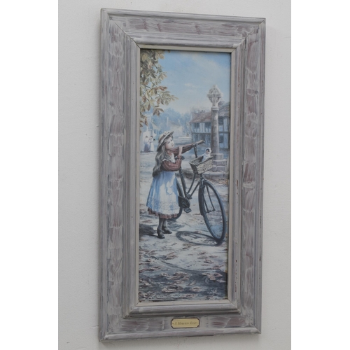 408 - White Washed Framed Print of Girl in Victorian Scene (59cm x 30cm)