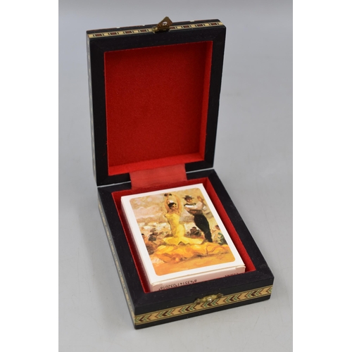 181 - An Inlaid Wooden Playing Cards Box, With Spanish Themed Playing Cards.