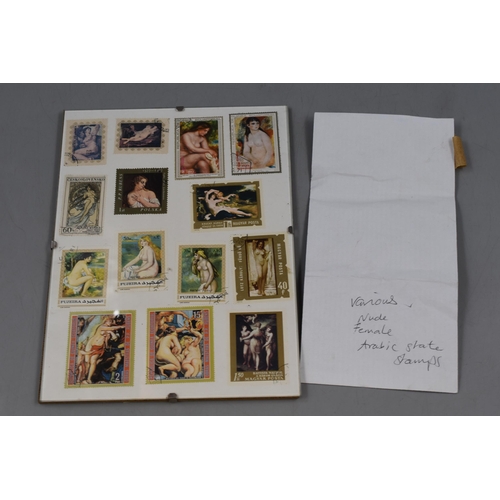 182 - A Selection of Stamps Depicting Nude Females, Some Framed and Glazed, Some Loose.