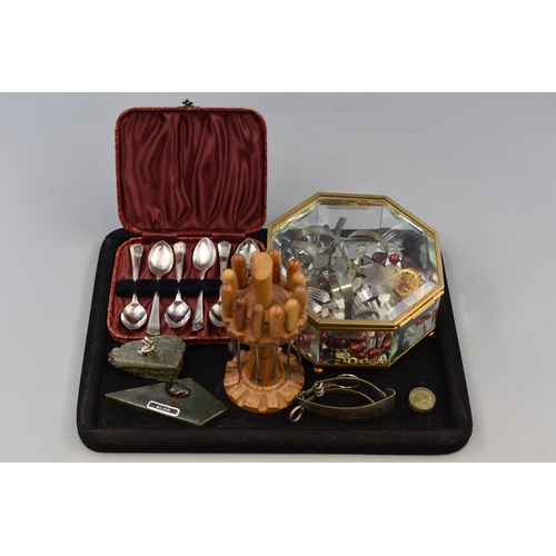 435 - A Mixed Tray To Include Silver Plated Teaspoon Set, Jewellery Box With Mixed Jewellery and Napkin Ri... 