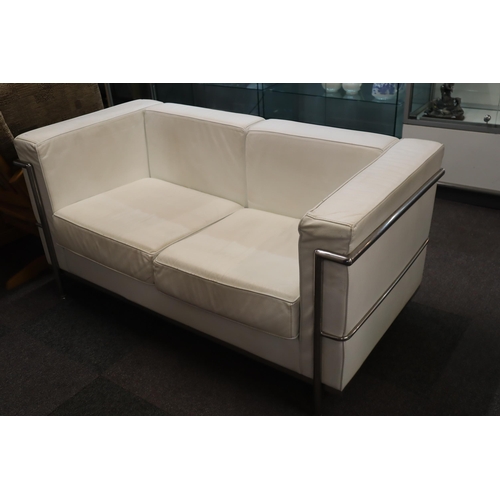 440 - Designer Cassina White Leather Two Seater Settee with Chromium Plated metal Framework  85