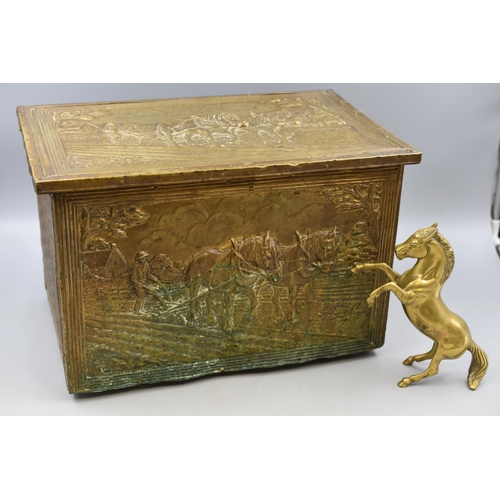 461 - Vintage Brass and Wood Coal/ Wood Storage Depicting a Farming Scene plus a Brass Horse Statue