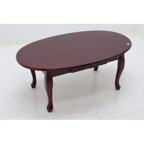 462 - Mid Century Dark Wood Oval Coffee table Sitting on Queen Ann legs with Green Velvet Lined Under draw... 