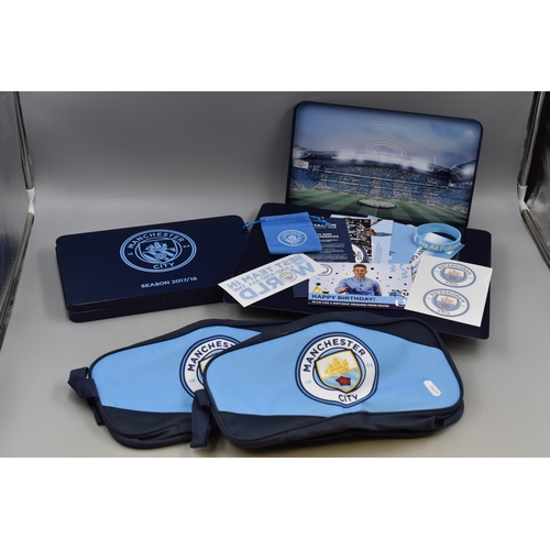 492 - Two Manchester City Welcome Tins with some Contents and two Boot Bags