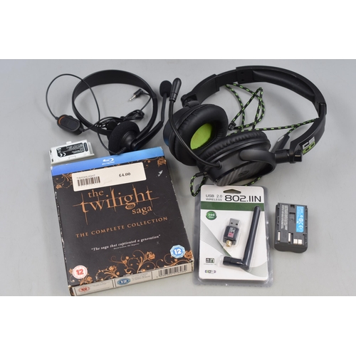 499 - Mixed Lot to include WiFi Adaptor, Two Headsets, Canon E160814 Battery and Twilight DVD Boxset