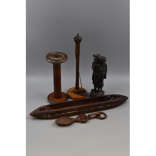 225 - Selection of Treen including Loom Shuttle, Loving Spoon, Hand Carved Figure, and More