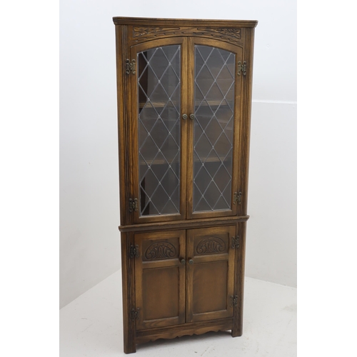 534 - Vintage Wood Brothers Old Charm Oak Corner Display Unit with Leaded Glass Window Display Doors over ... 