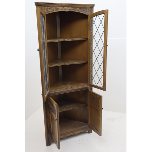 534 - Vintage Wood Brothers Old Charm Oak Corner Display Unit with Leaded Glass Window Display Doors over ... 