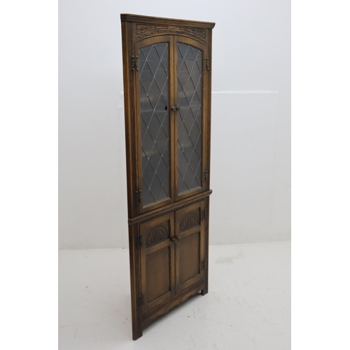 534 - Vintage Wood Brothers Old Charm Oak Corner Display Unit with Leaded Glass Window Display Doors over ... 