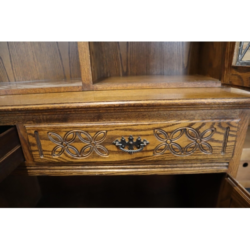 545 - Vintage Wood Brothers Old Charm Oak Arundel Welsh Dresser Unit Flanked with Leaded Glass Cupboards o... 