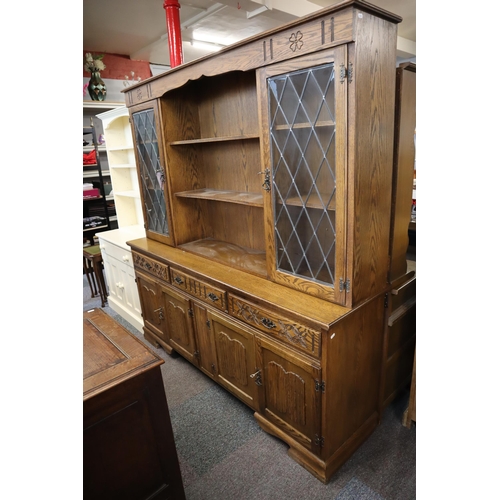 545 - Vintage Wood Brothers Old Charm Oak Arundel Welsh Dresser Unit Flanked with Leaded Glass Cupboards o... 