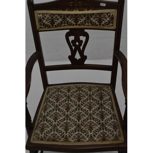 551 - Antique Oak Inlaid Armchair with Fabric Seating