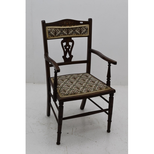 551 - Antique Oak Inlaid Armchair with Fabric Seating