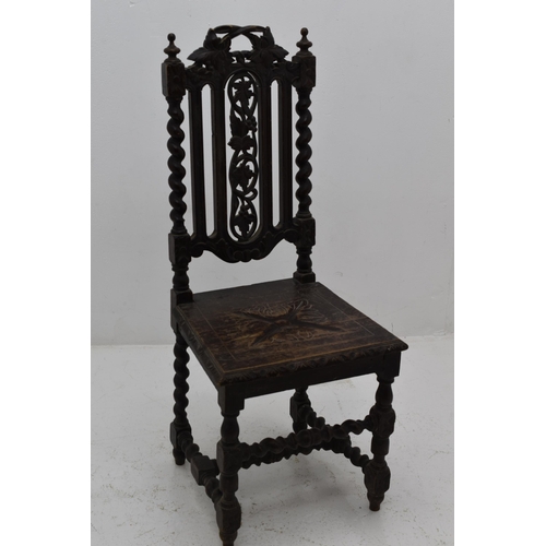 552 - Victorian Oak Hand Carved Hallway Chair with Hand Turned Stretchers