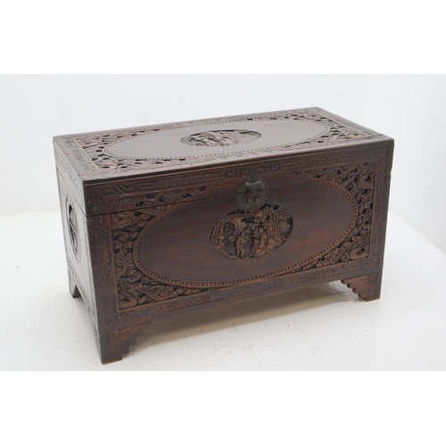 554 - LARGE Camphor Wood Chinese Very Detailed Hand Carved Bedding Box Displaying a Family Gathering 41