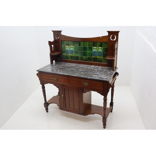 571 - Victorian Art Nouveau Grey and white Marble Topped Wash Stand Unit Decorated with Art Nouveau Splash... 