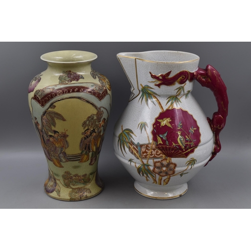 287 - Two Oriental Ceramics. Includes Satsuma Vase, And Dragon Handled Jug (AF). Approx 12