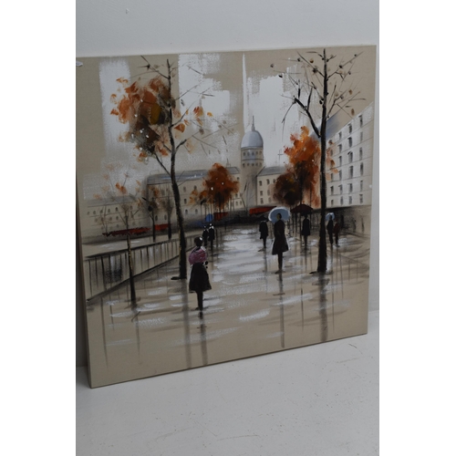 365 - Three Pieces of Canvas Wall Art. Includes Floral, Rainy Cityscape and Other. Largest Approx 39.5