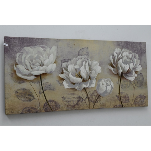 365 - Three Pieces of Canvas Wall Art. Includes Floral, Rainy Cityscape and Other. Largest Approx 39.5