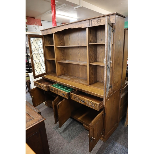 545 - Vintage Wood Brothers Old Charm Oak Arundel Welsh Dresser Unit Flanked with Leaded Glass Cupboards o... 