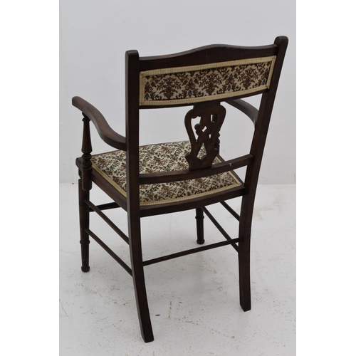 551 - Antique Oak Inlaid Armchair with Fabric Seating