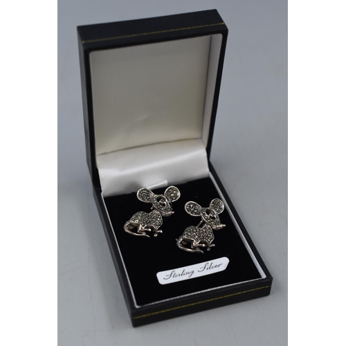 41 - A Pair of Marcasite 925. Silver Mouse Brooches. In Presentation Box.