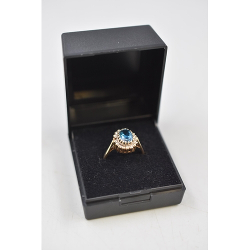 43 - Hallmarked Birmingham 375 (9ct) Gold Diamond and Aquamarine Stoned Ring (Size N) Complete with Prese... 