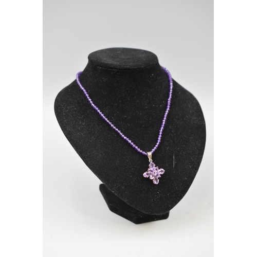 57 - Silver 925 Floral Purple Stoned Pendant Necklace