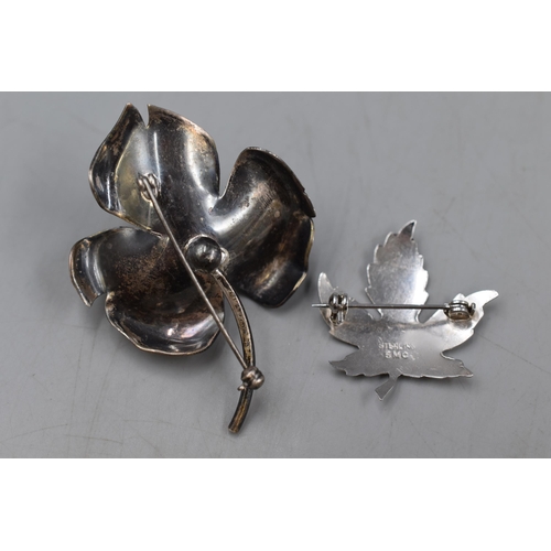 59 - Two Silver Brooches, One Maple Leaf and Another Flower in 3d form