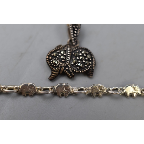 64 - A 925. Silver Marcasite Elephant Pendant on 925 Chain, With a 925. Silver Elephant Bracelet.