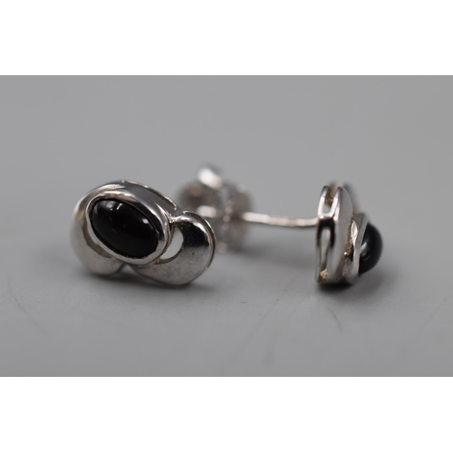 68 - A Pair of Black Stoned 9K White Gold Earrings, In Presentation Box.