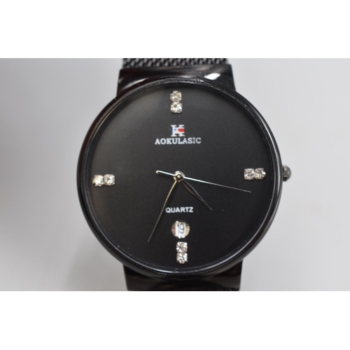 92 - Brand New Designer Quartz Movement Time and Date Watch with Black Metal Strap