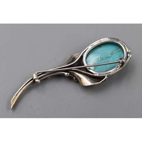 123 - Silver Unmarked Turquoise Stoned Floral Brooch