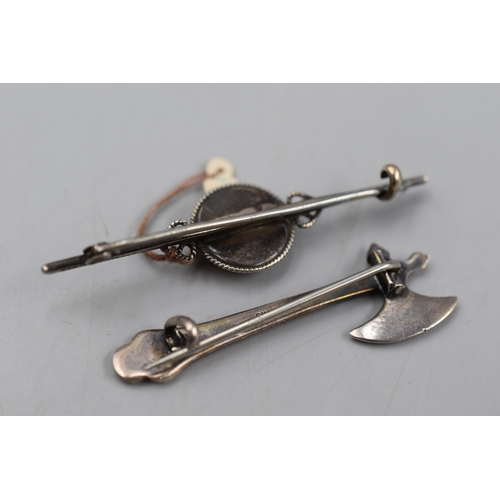 126 - Two Vintage Silver Brooches, Includes Battle Axe and Blue Stoned.