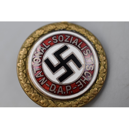 131 - German Nazi Party 1933 Golden Party Badge (30mm) Numbered 8219