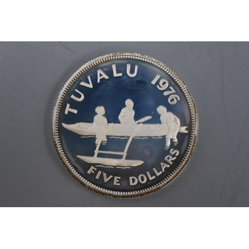 143 - Tuvalu 1976 Silver Proof $5 Dollars Coin Cased by Royal Mint with Info Card