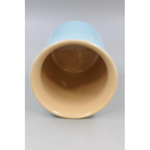 208 - A Le Creuset Utensil Pot, In Light Blue. Approx 15cm Tall, and 12.5cm Diameter.