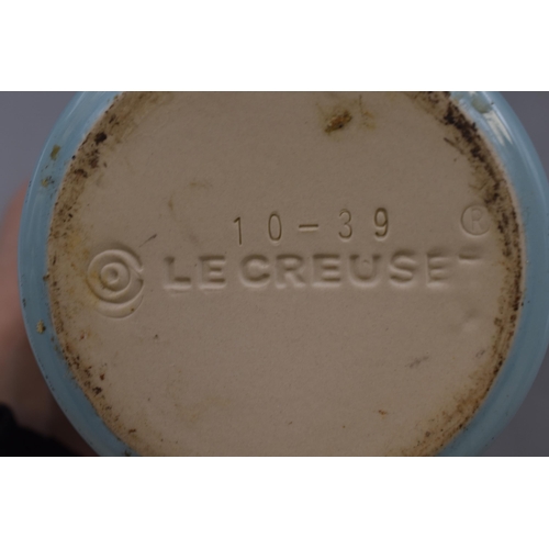 208 - A Le Creuset Utensil Pot, In Light Blue. Approx 15cm Tall, and 12.5cm Diameter.