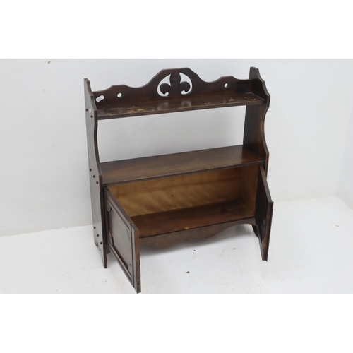 495 - Vintage Wall mounted oak Shelving unit with cupboard and fleur de lis Decoration  (23