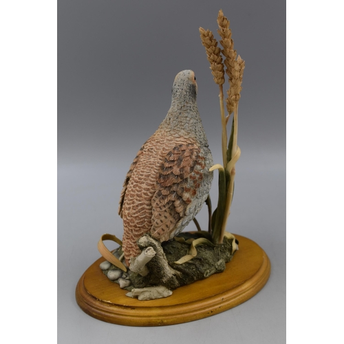 251 - Hand Painted Hand Crafted Grey Partridge with Wheat and Daisies on Wooden Base approx 11