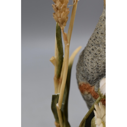 251 - Hand Painted Hand Crafted Grey Partridge with Wheat and Daisies on Wooden Base approx 11