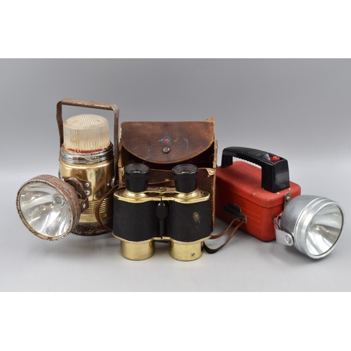 545 - Two Vintage Lamps including Pifco and a Pair of Cased Binoculars